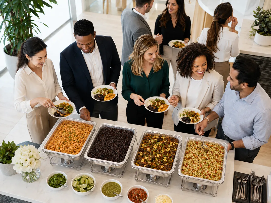 Team serving themselves from a drop-and-go workplace buffet