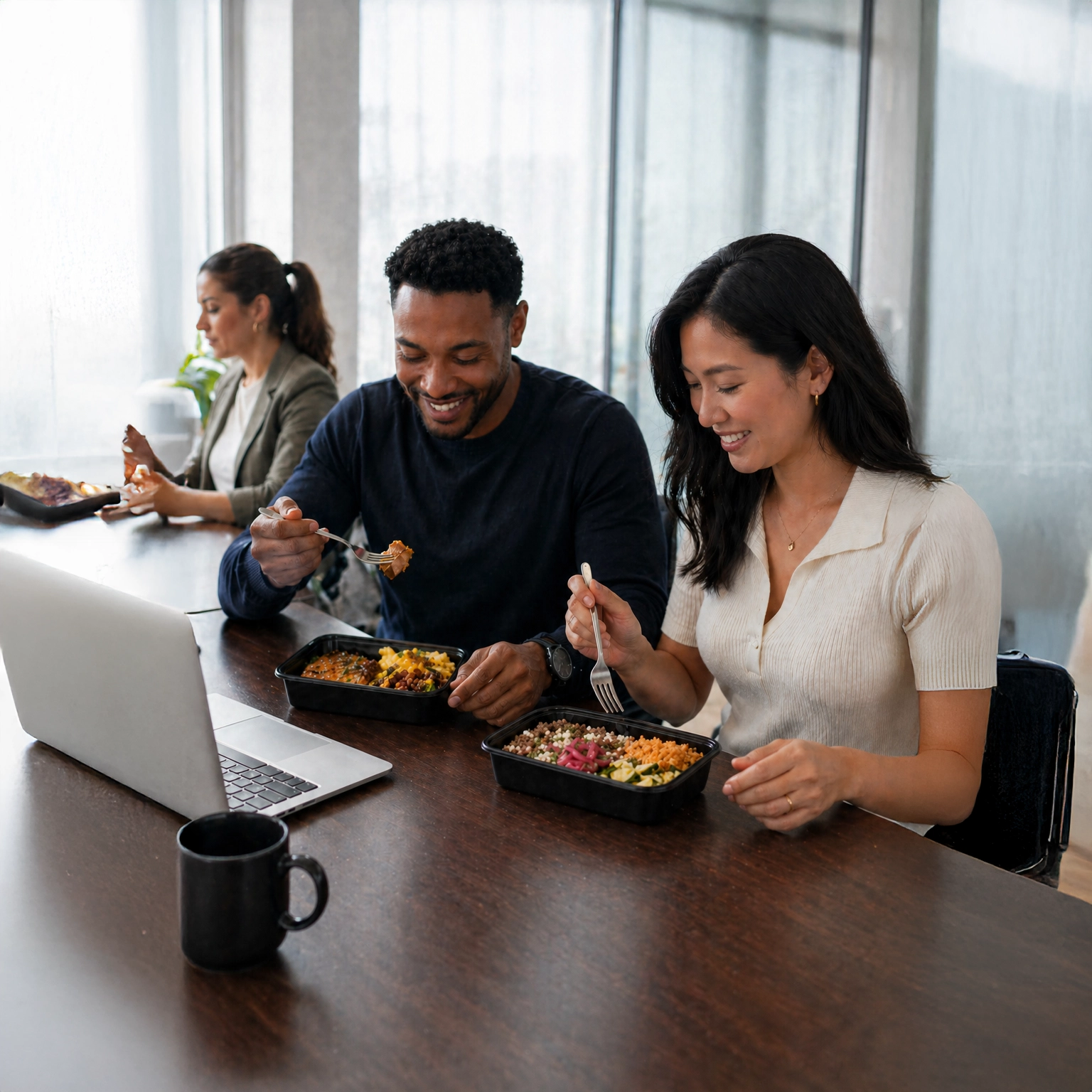Coworkers sharing fresh MHP meal-prep containers at work