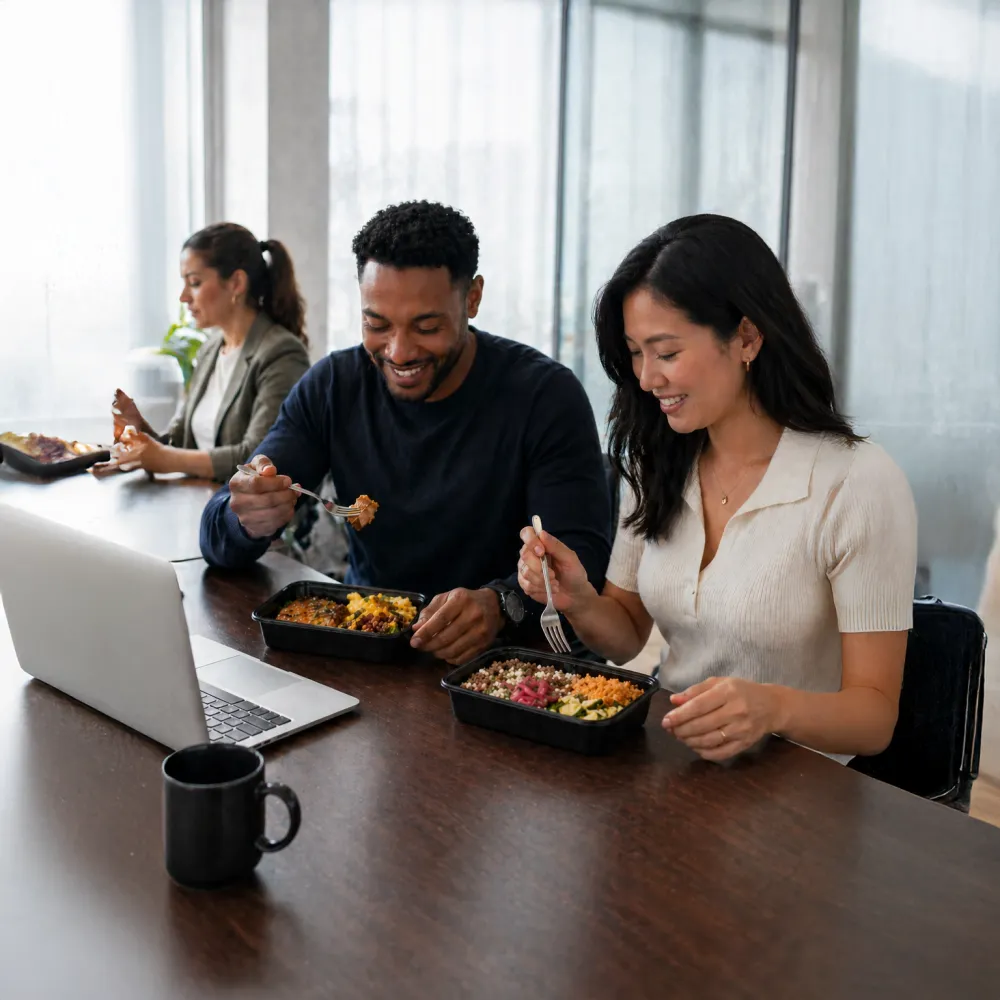 Coworkers eating fresh MHP meal-prep bowls together at work